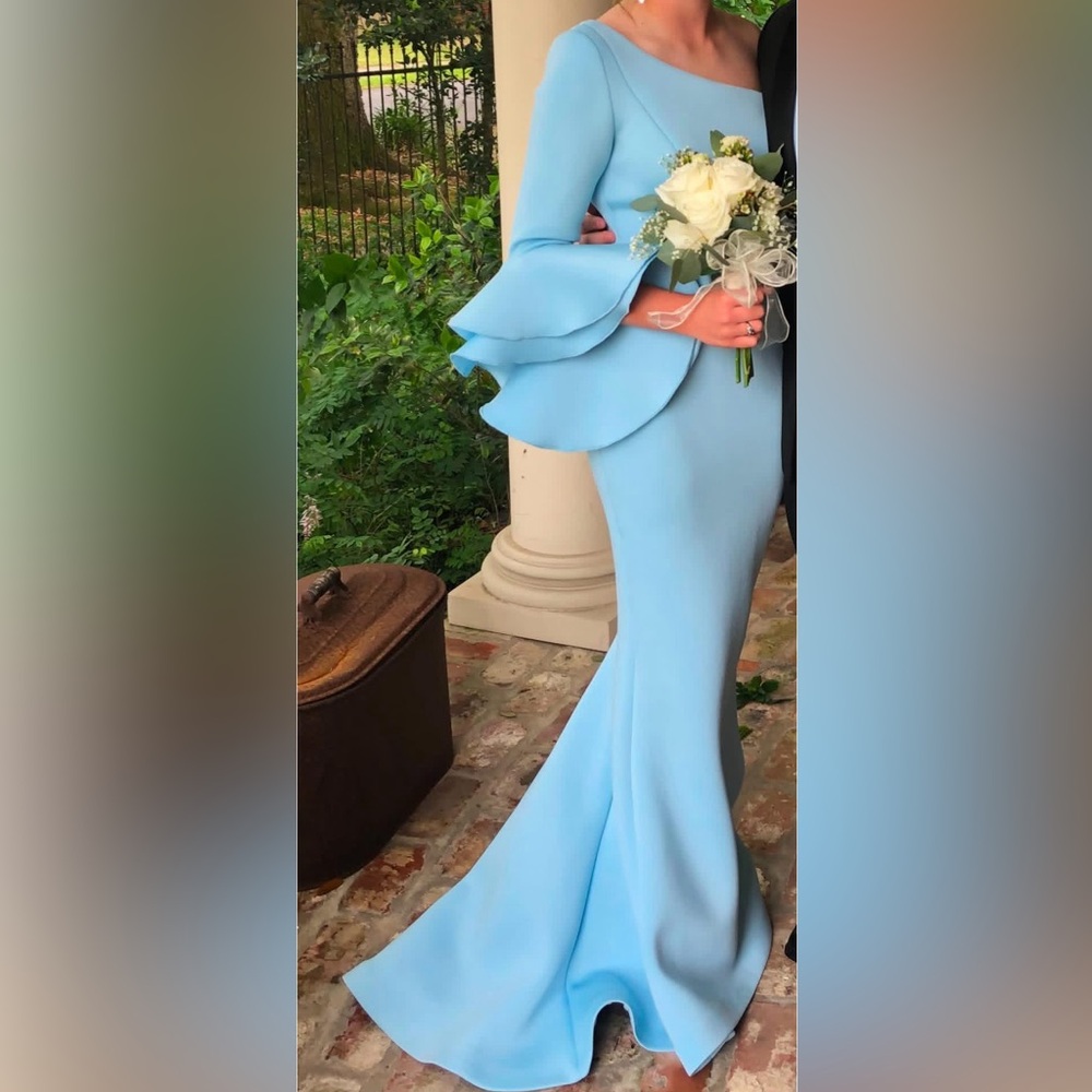 JOVANI Elegant Light Blue Mermaid Gown with Ruffle sleeve